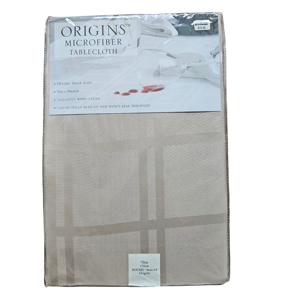Origins Microfiber Tablecloth 70in Round Beige Spill Proof Grid Pattern NEW